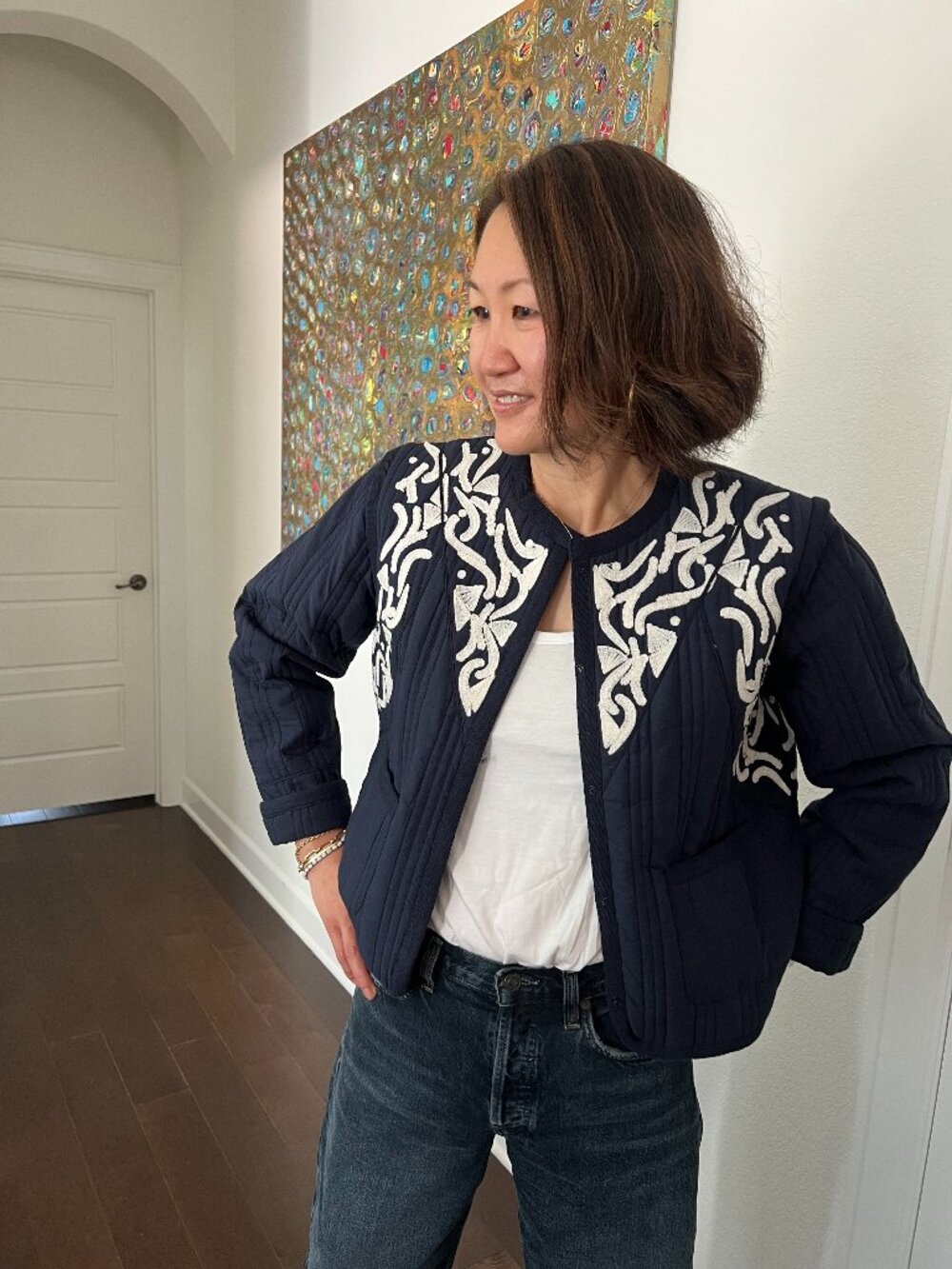 Suncoo Navy Quilted Embroidered Boho Chic Jacket